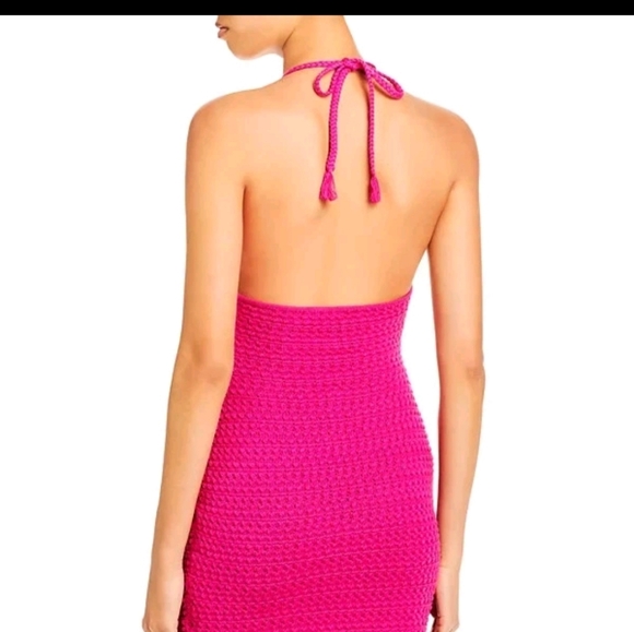 Aqua Fuchsia Crochet Halter Mini Dress - Picture 2 of 4